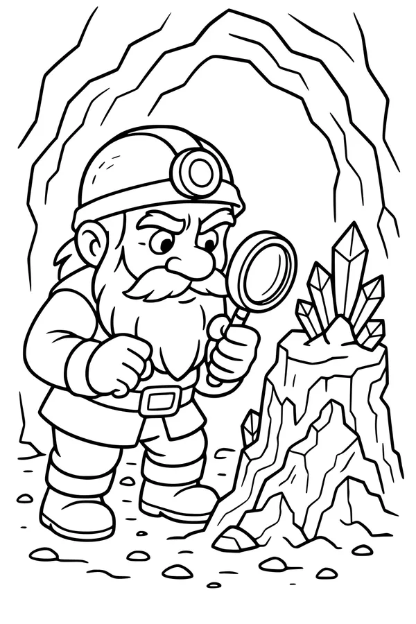 Free Dwarf Coloring Page - Crystal Cave Detective Miner (Printable PDF)