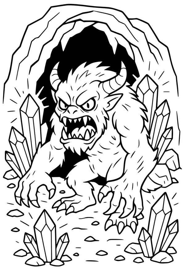 Free Monster Coloring Page - Furry Crystal Cave Guardian (Printable PDF)