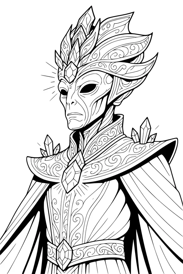 Free Alien King Coloring Page - Crystal Crown and Regal Robe (Printable PDF)