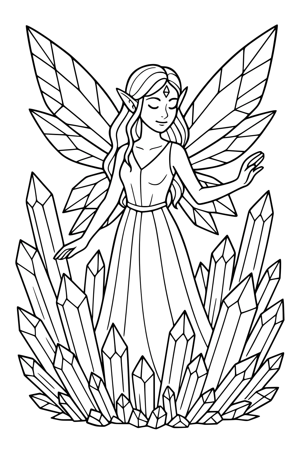 Fairy girl with large wings amid tall faceted crystals, eyes closed, one hand raised, in a long flowing dress.