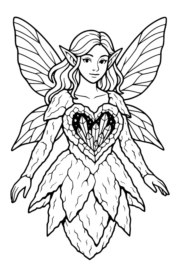 Free Fairy Coloring Page - Crystal Heart Forest Fairy Girl (Printable PDF)