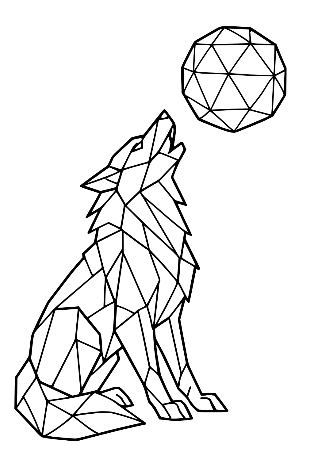 Geometric wolf howling at a faceted full moon, sitting with tail curled and head raised; triangular outlines in black line art.
