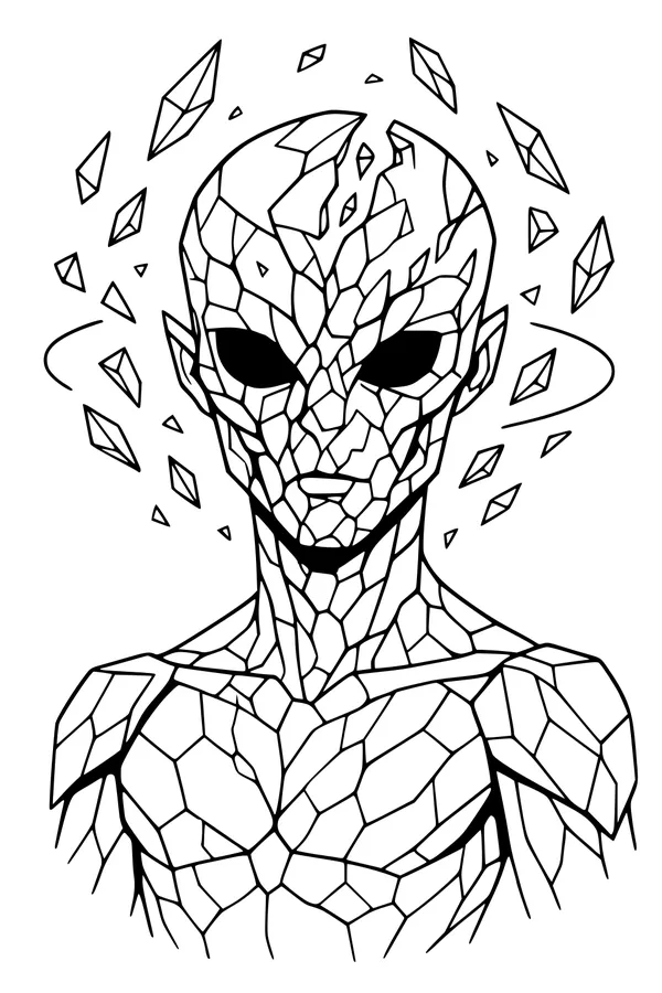 Free Alien Coloring Page - Crystal-Skinned Extraterrestrial Portrait (Printable PDF)