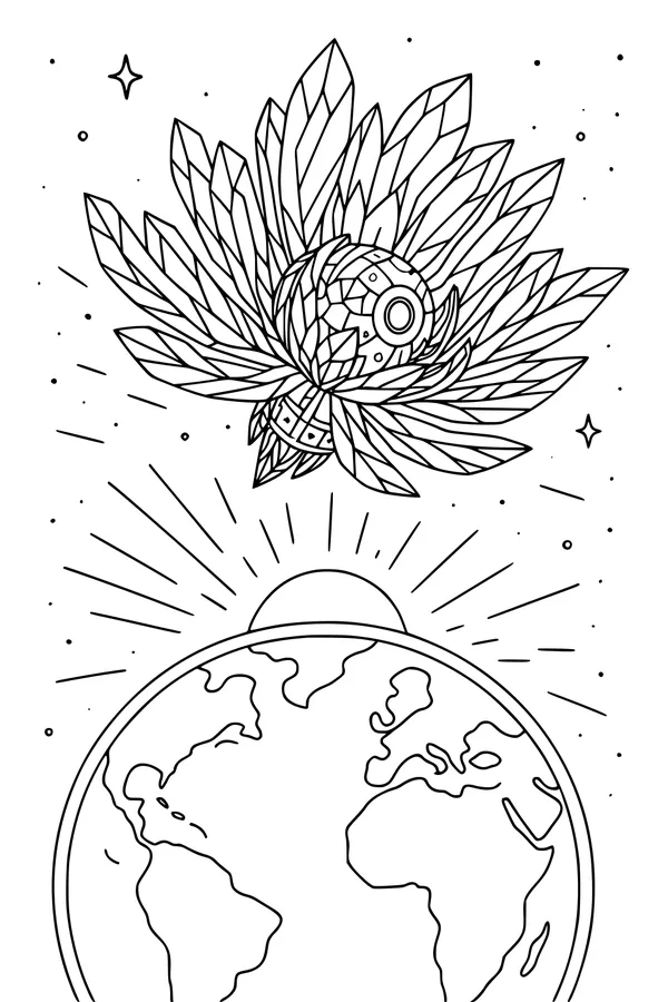Free UFO Coloring Page - Crystal Saucer Over Sunrise Earth (Printable PDF)