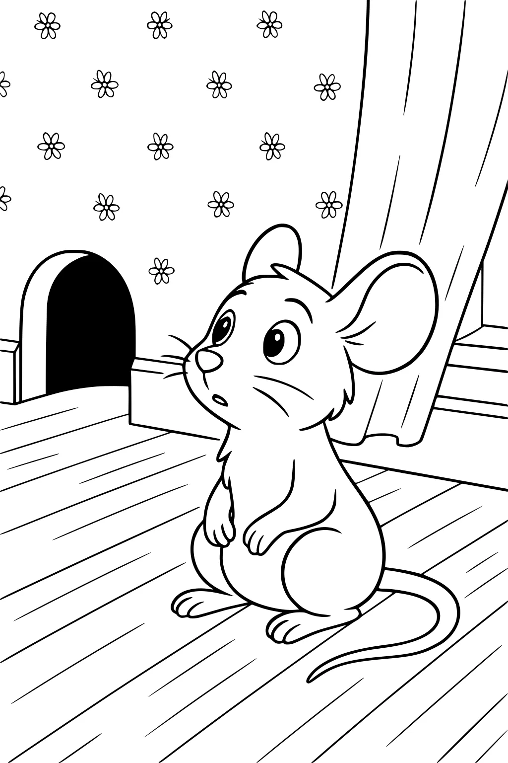 Mouse sitting upright on wooden floor by a mouse hole, with floral wallpaper and a curtain drawn to the side.