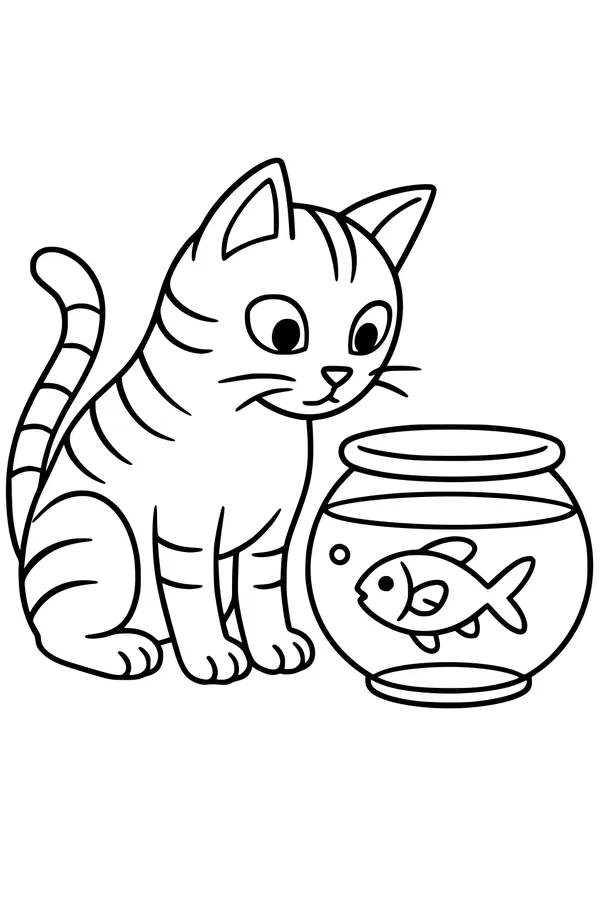 Free Cat Coloring Page - Curious Striped Cat With Fishbowl Friend (Printable PDF)