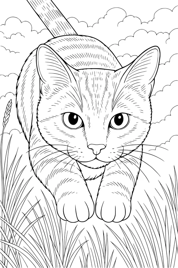 Free Cat Coloring Page - Striped Cat in Tall Grass (Printable PDF)