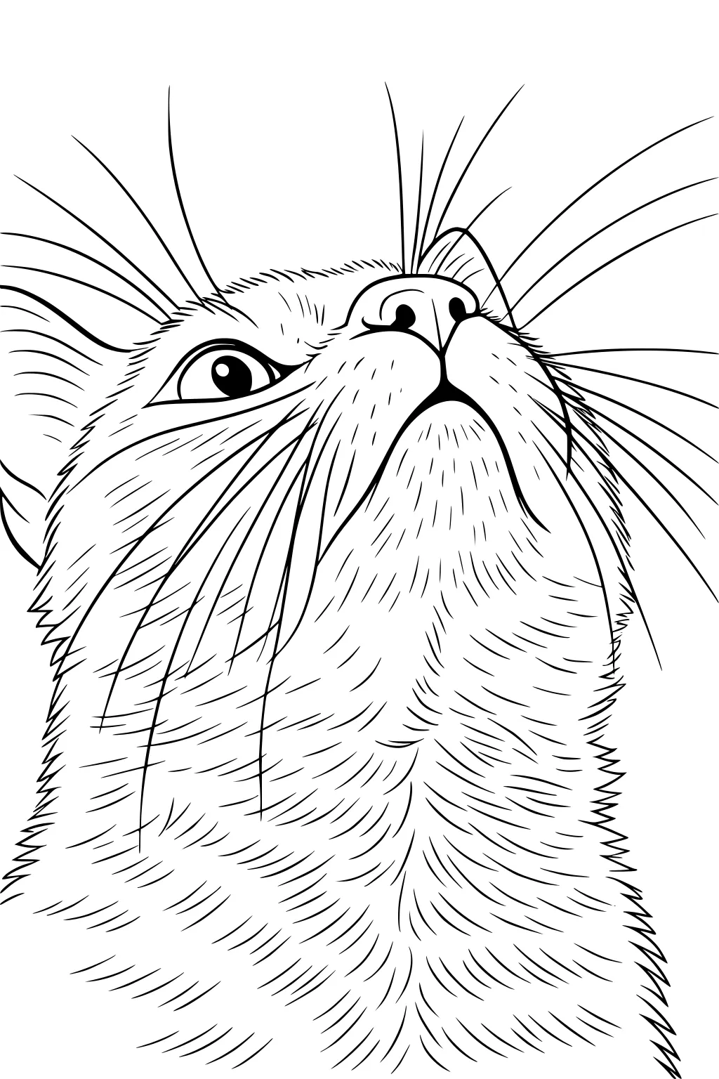 Domestic cat looking up with long whiskers, fluffy cheeks, and detailed fur lines on face and neck.