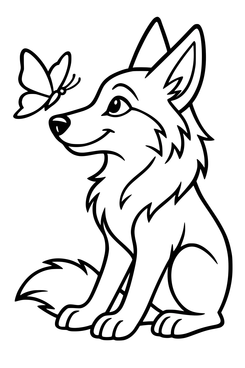 Cartoon coyote sitting and smiling at a butterfly that is flying near his nose.