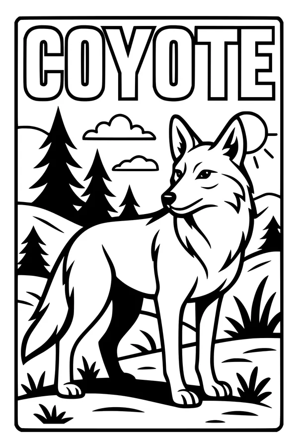 Free Coyote Coloring Page - Coyote on Sunny Mountain Hill (Printable PDF)