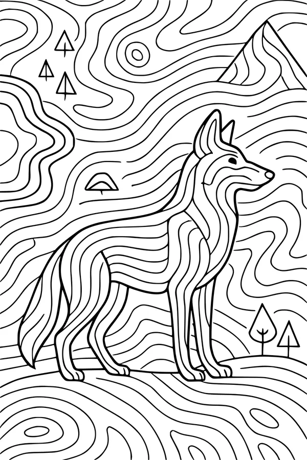 Free Coyote Coloring Page - Wild Coyote in Swirling Mountain Landscape (Printable PDF)