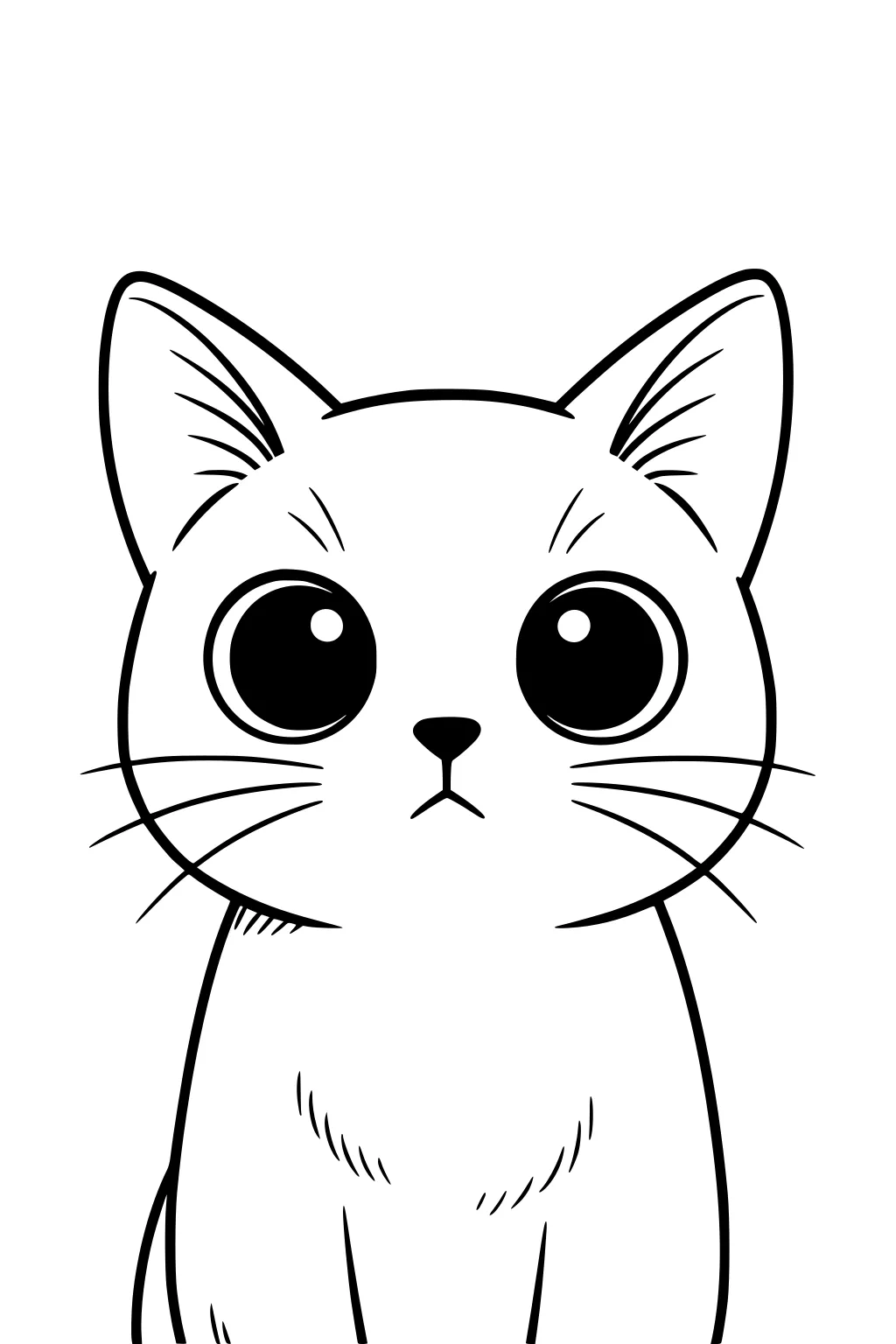 Line drawing of a wide-eyed cat with pointed ears and long whiskers, sitting facing forward.