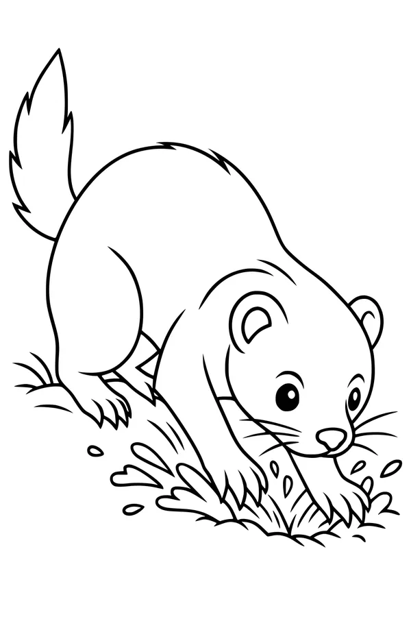 Free Ferret Coloring Page - Playful Splash in a Grass Puddle (Printable PDF)