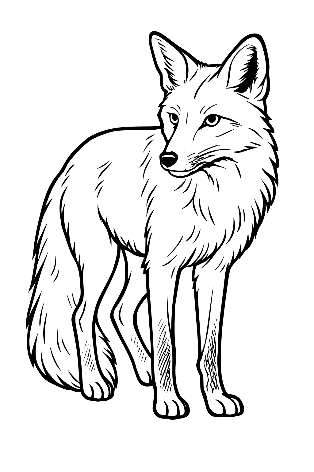Line art of a fox standing sideways, looking to the right, with a thick bushy tail and pointy ears.