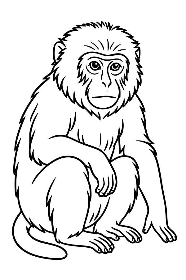 Free Monkey Coloring Page - Shaggy Young Monkey Sitting (Printable PDF)