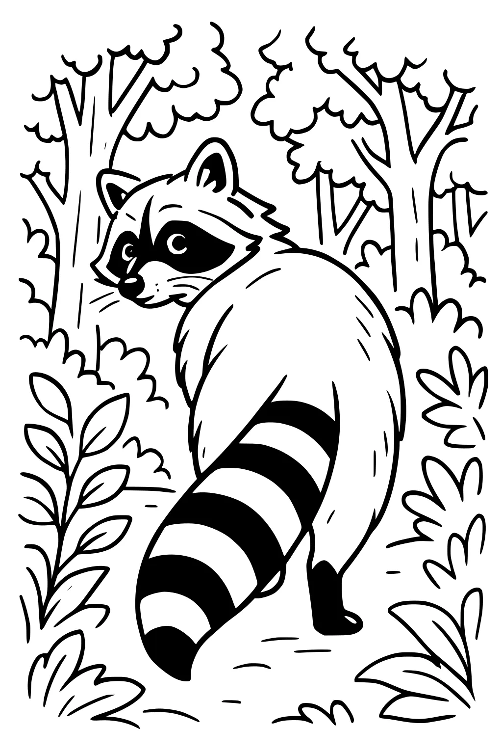 A raccoon with a striped tail and mask looks back in a forest surrounded by trees and leafy plants.