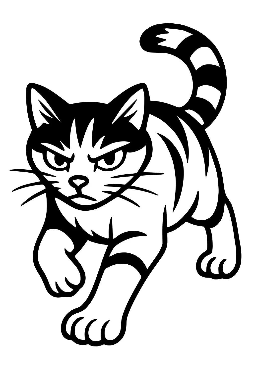 Striped cat with upright tail and serious eyes, stepping forward with one paw raised and bold fur markings.