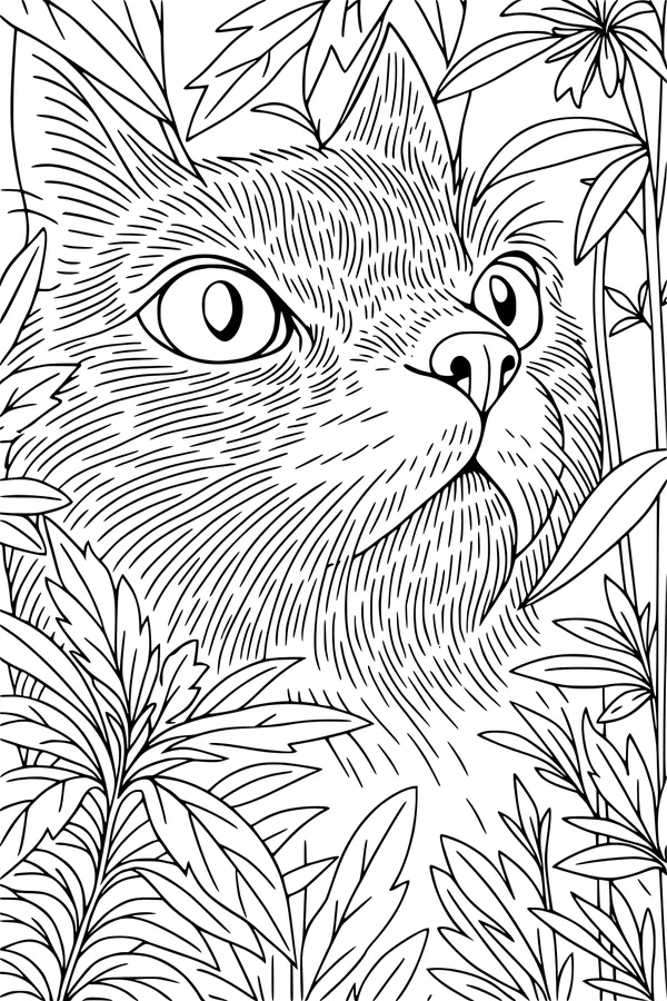 Free Cat Coloring Page - Forest Watcher Among the Leaves (Printable PDF)