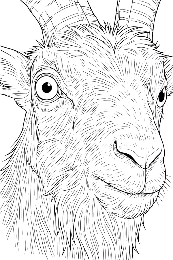 Free Goat Coloring Page - Close-Up Face With Big Eyes And Beard (Printable PDF)