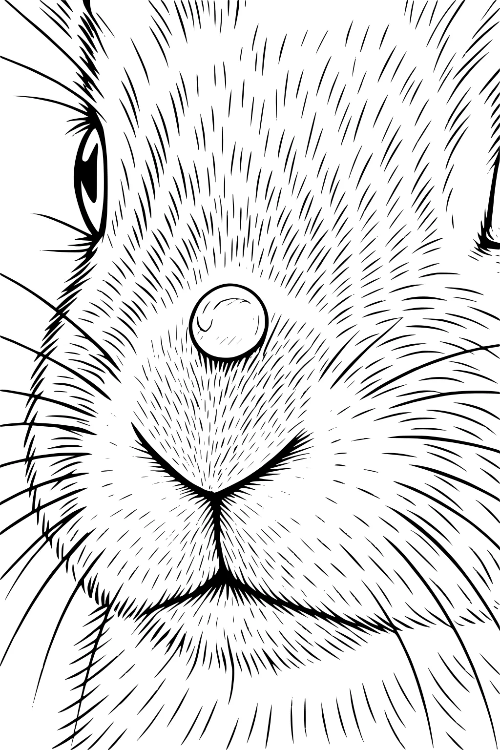 Close-up drawing of a hare's face showing fur lines, round nose, whiskers, and one eye.