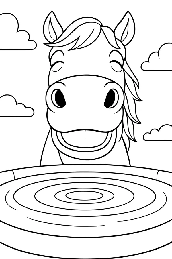 Free Horse Coloring Page - Cartoon Horse at Water Trough (Printable PDF)