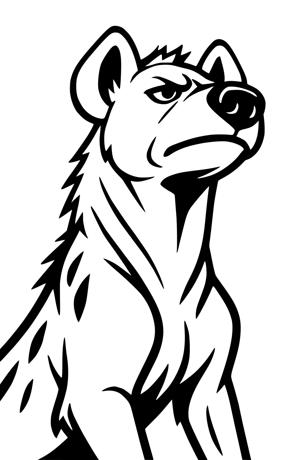 Cartoon hyena sitting upright with big ears, tufted mane, and spots along its side, facing forward with a serious look.