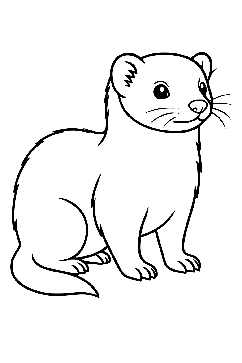 Line drawing of a ferret sitting upright with big round eyes, perky ears, and a long curved tail.
