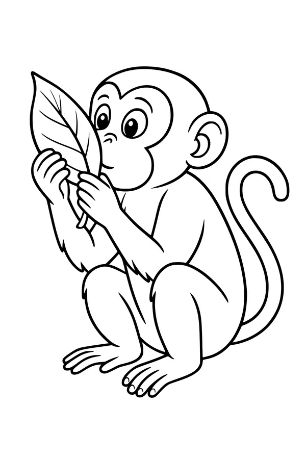 Free Monkey Coloring Page - Curious Baby With Big Leaf (Printable PDF)