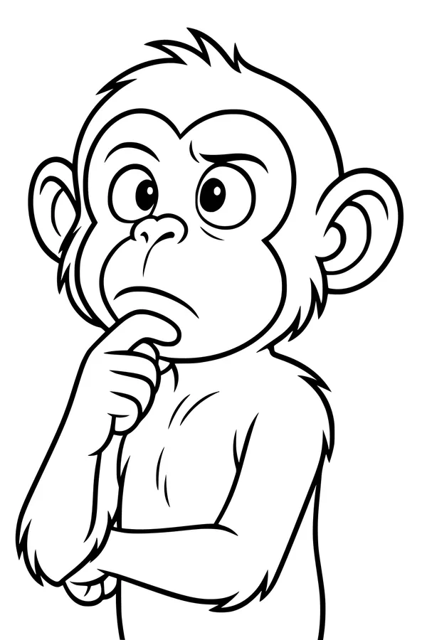 Free Monkey Coloring Page - Thoughtful Cartoon Monkey Standing (Printable PDF)