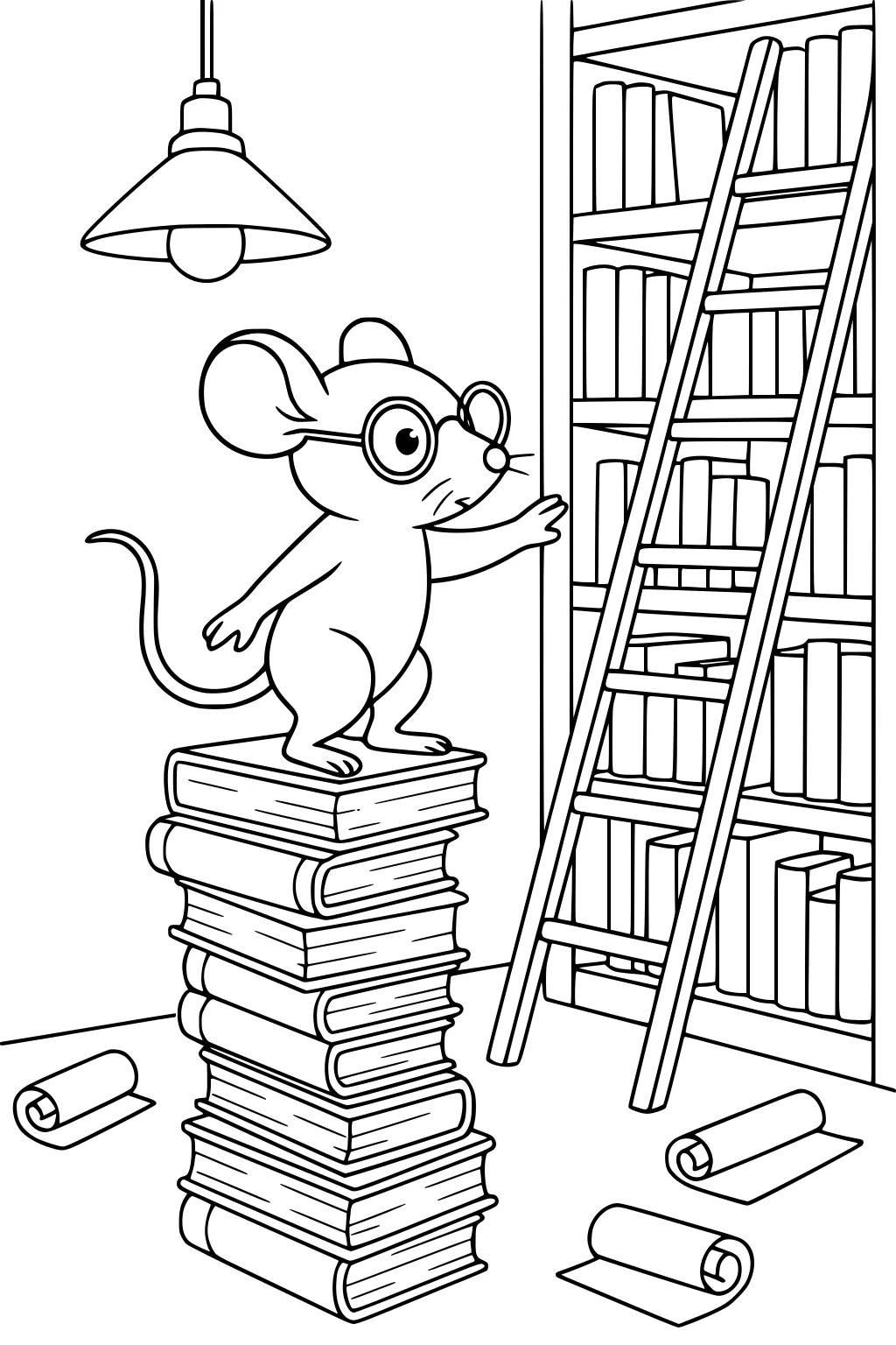 Mouse wearing glasses stands on a stack of books, reaching toward a tall bookshelf and ladder, with scrolls and a lamp nearby.