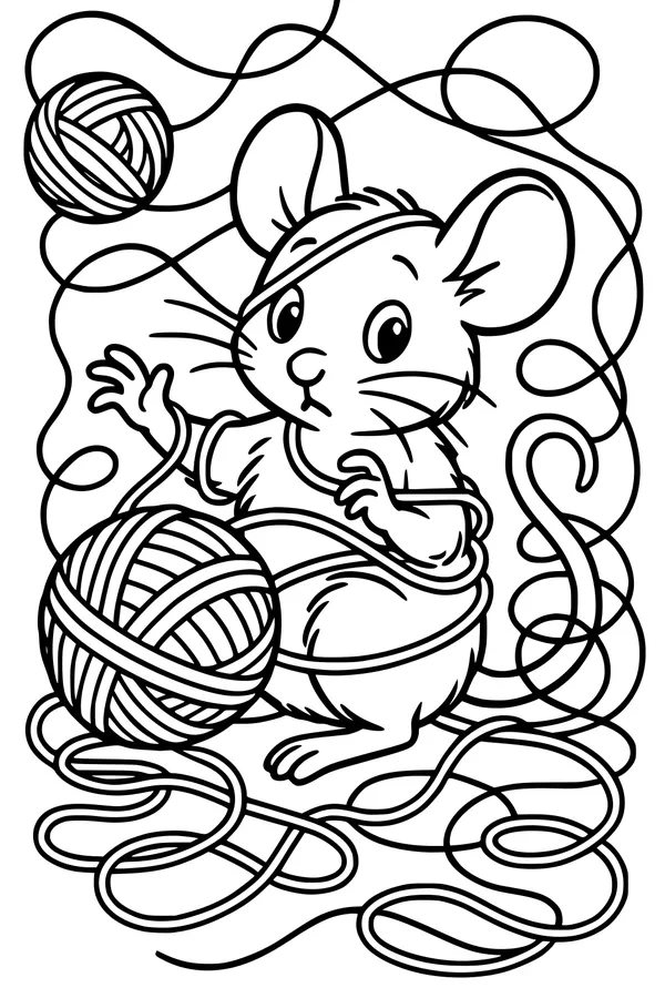 Free Mouse Coloring Page - Tangled in Swirling Yarn (Printable PDF)