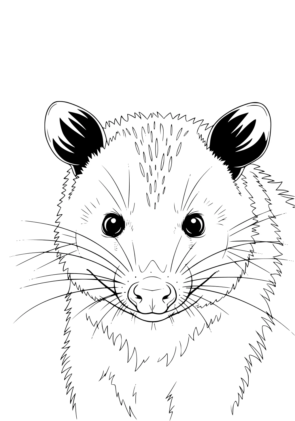 Opossum face with bushy fur, black eyes, long whiskers, and round ears, drawn in black and white outlines.
