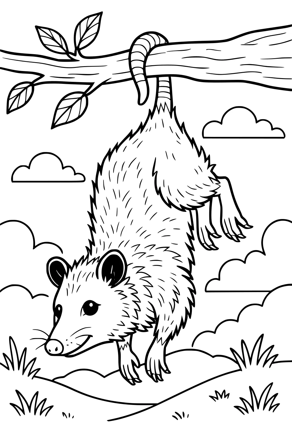Opossum hanging upside down by its tail from a tree branch with clouds and grassy hills in the background.