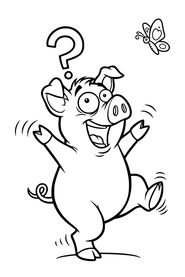 Free Pig Coloring Page - Funny Pig Surprised by Butterfly (Printable PDF)