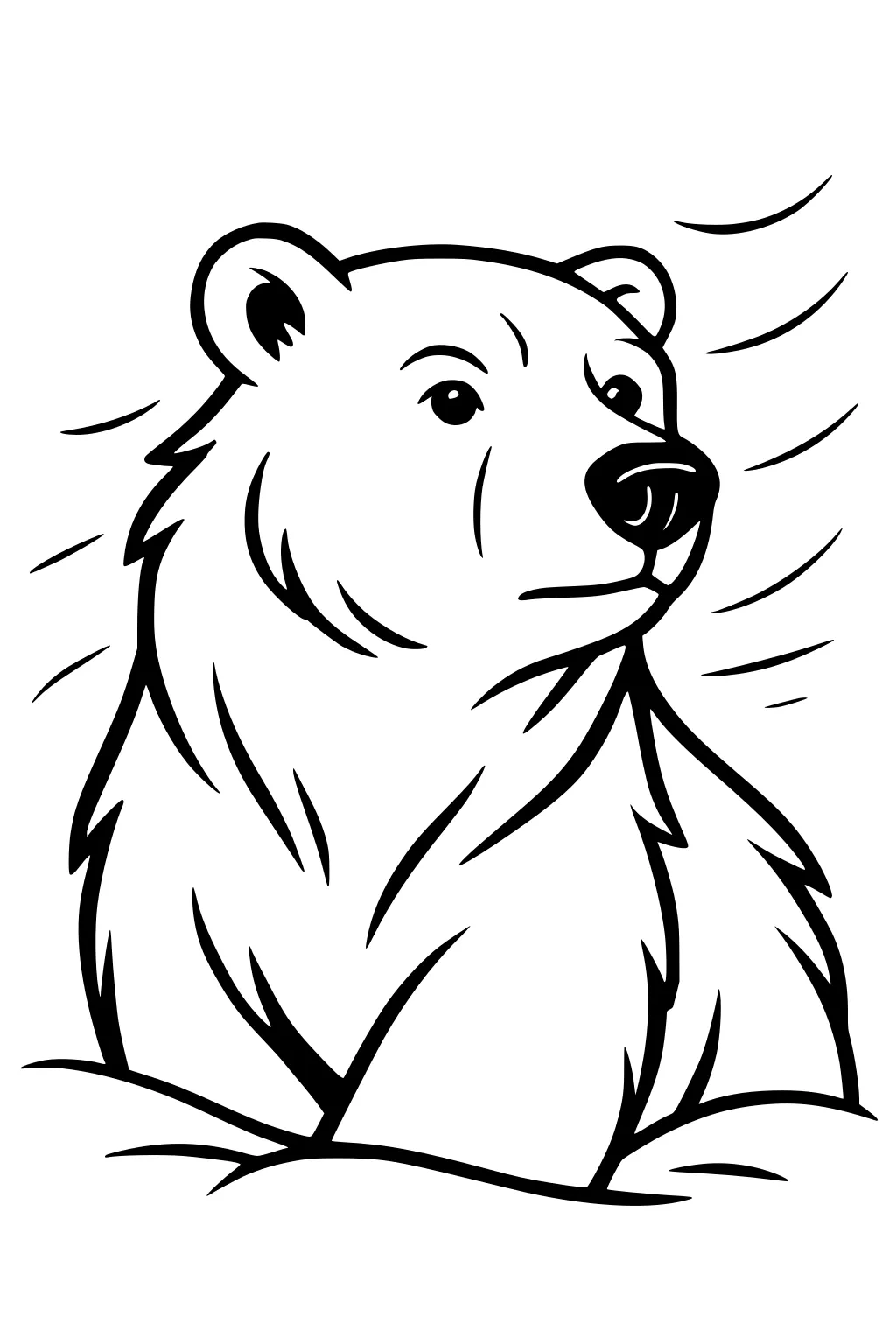 Polar bear with thick fur sits in snow. Wind lines curve around its head and body. The bear has a calm, gentle face.