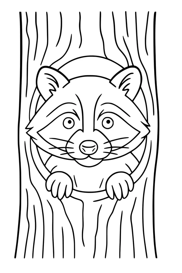 Free Raccoon Coloring Page - Peekaboo in a Hollow Tree (Printable PDF)