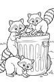 Free Raccoon Coloring Page - Playful Trio Around Trash Can (Printable PDF)