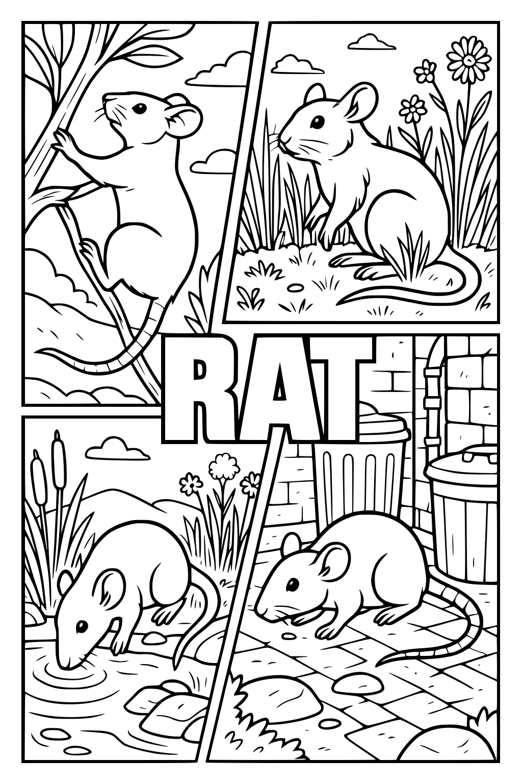 Four panels showing rats in nature and city: climbing a tree, in grass, by water, and beside trash cans with bold outlines.