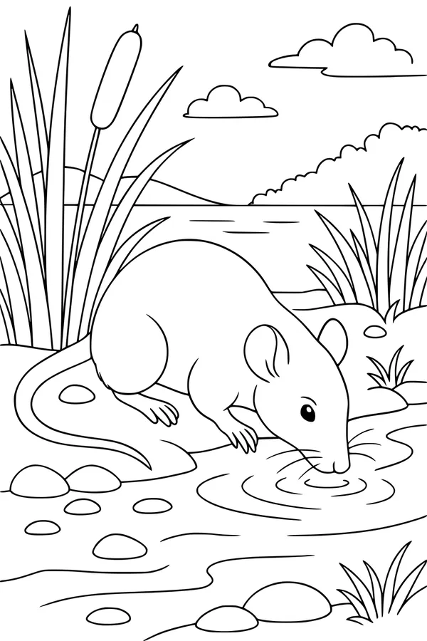 Free Rat Coloring Page - Thirsty Rat by the Pond (Printable PDF)