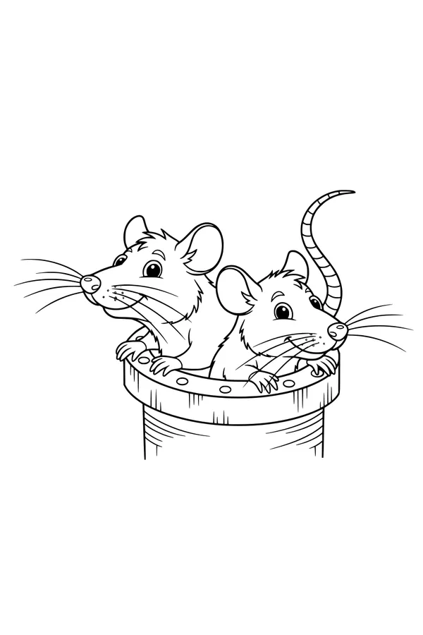 Free Rat Coloring Page - Two Cute Rats Peeking from Pipe (Printable PDF)