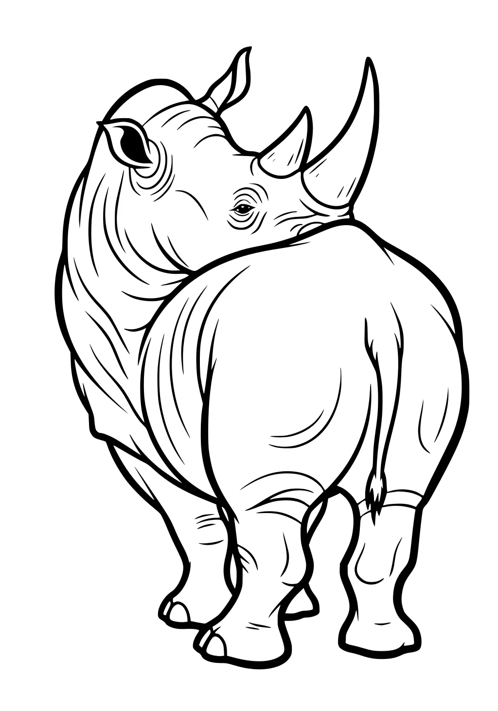 Side view of a rhinoceros turning its head backward, with two horns, wrinkled skin, and a small tail visible.