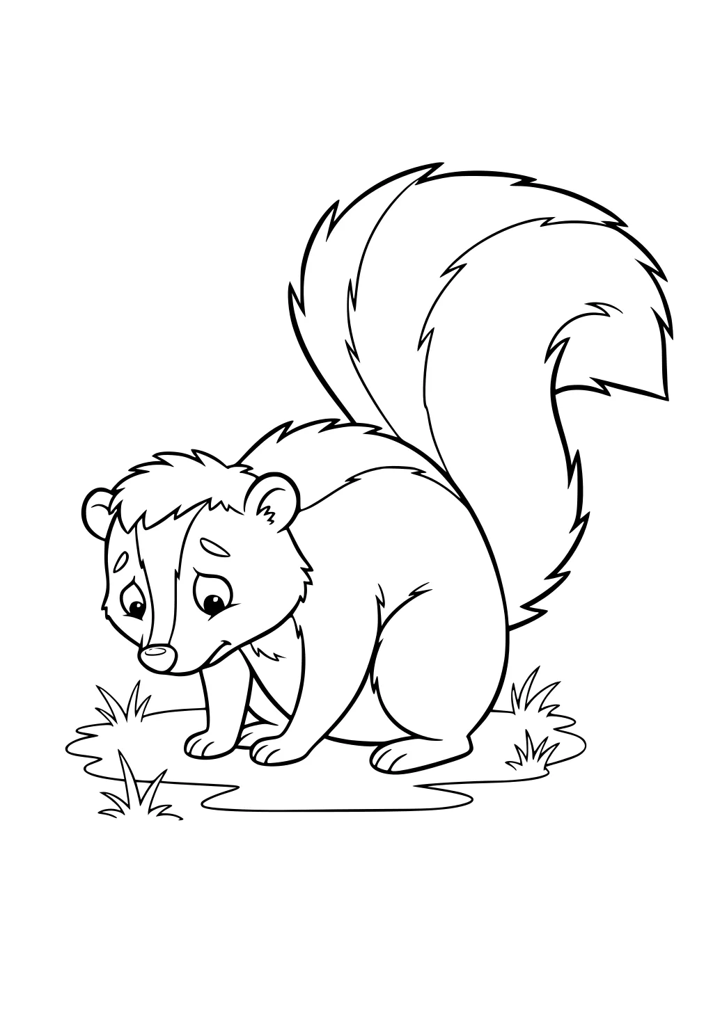 Cartoon skunk with a bushy tail standing on grass, with head lowered and a gentle expression.