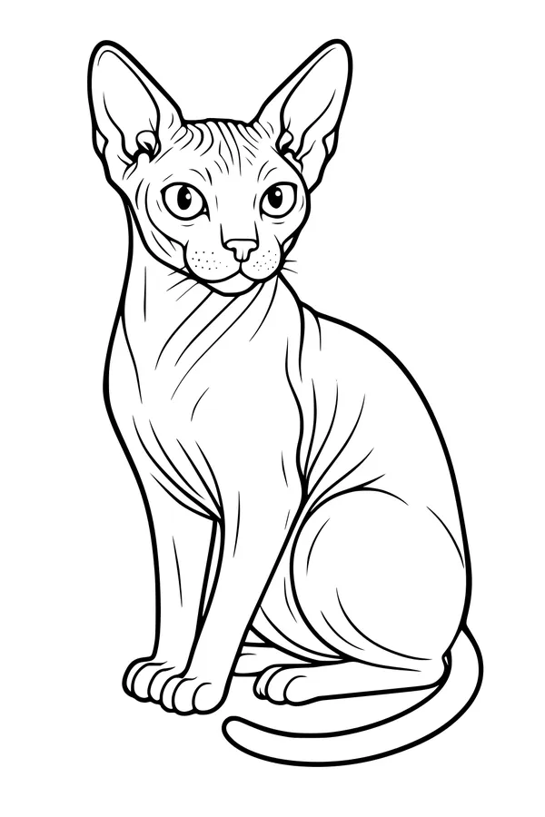 Free Hairless Sphynx Cat Coloring Page - Sitting Wrinkled Pet (Printable PDF)