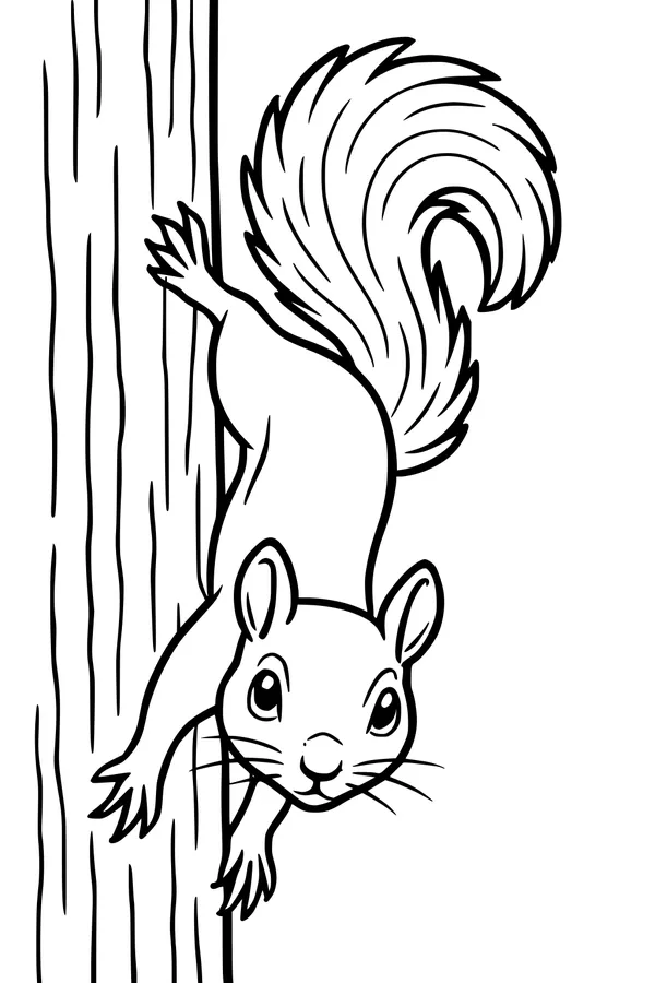 Free Squirrel Coloring Page - Peeking Around a Forest Tree (Printable PDF)