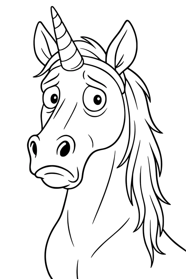 Free Unicorn Coloring Page - Surprised Cartoon Face (Printable PDF)
