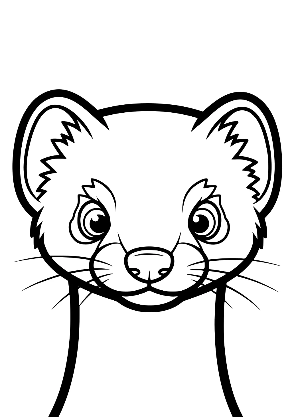 Front view of a weasel with big round eyes, rounded ears, and whiskers drawn in outlined style.