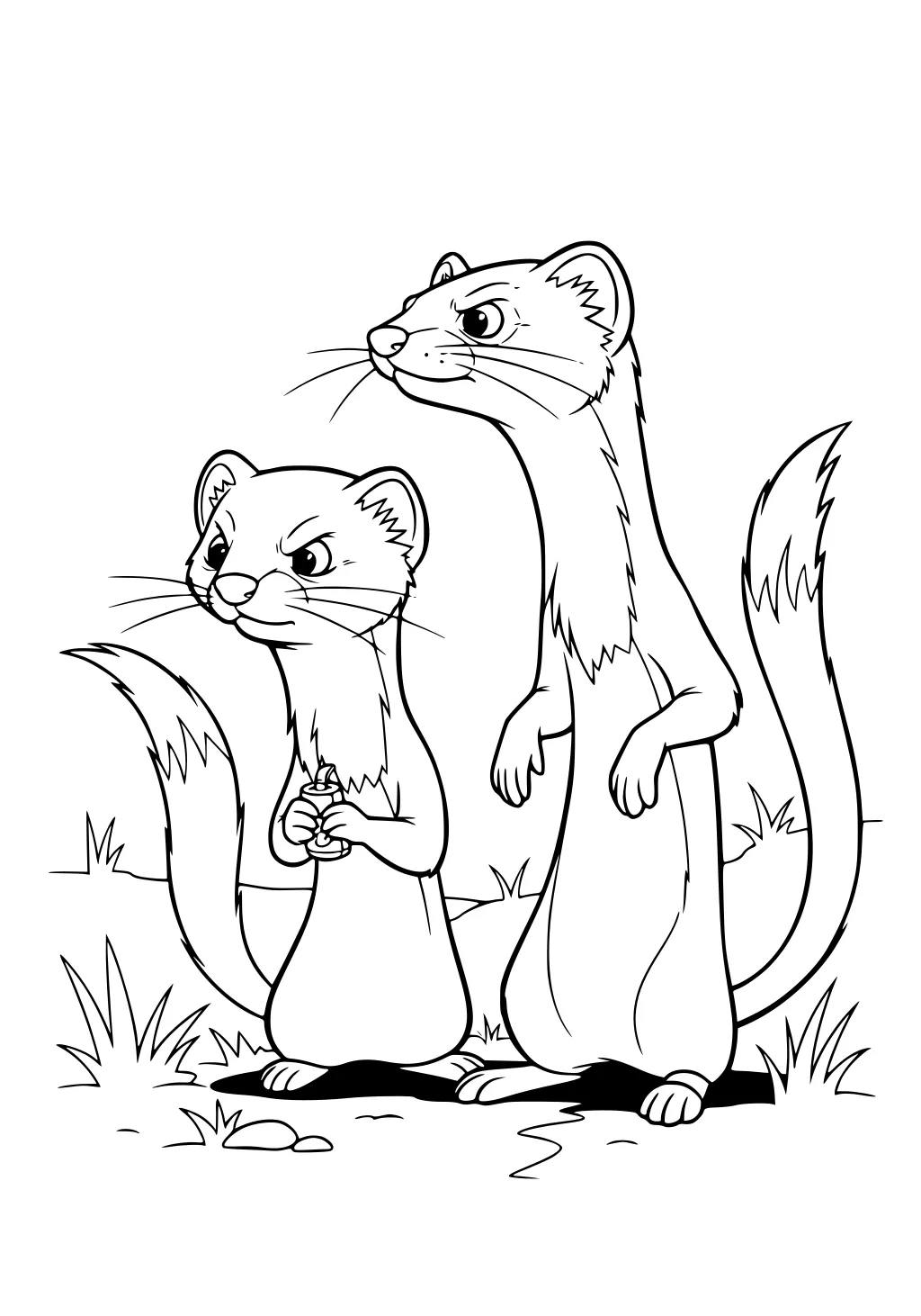 Two cartoon weasels in grass, one standing upright with a long tail, both with whiskers and detailed faces.