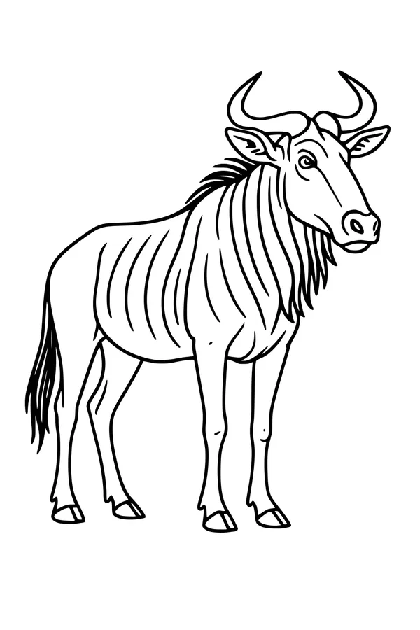 Free Wildebeest Coloring Page - Standing Gnu With Shaggy Mane (Printable PDF)