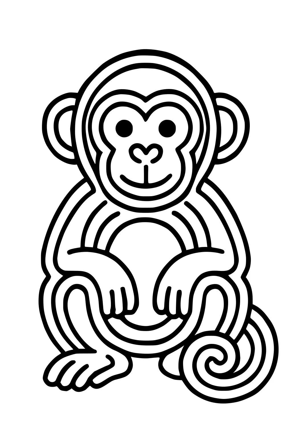 Cartoon monkey sitting with a spiral tail, round head, big eyes, and hands on knees.