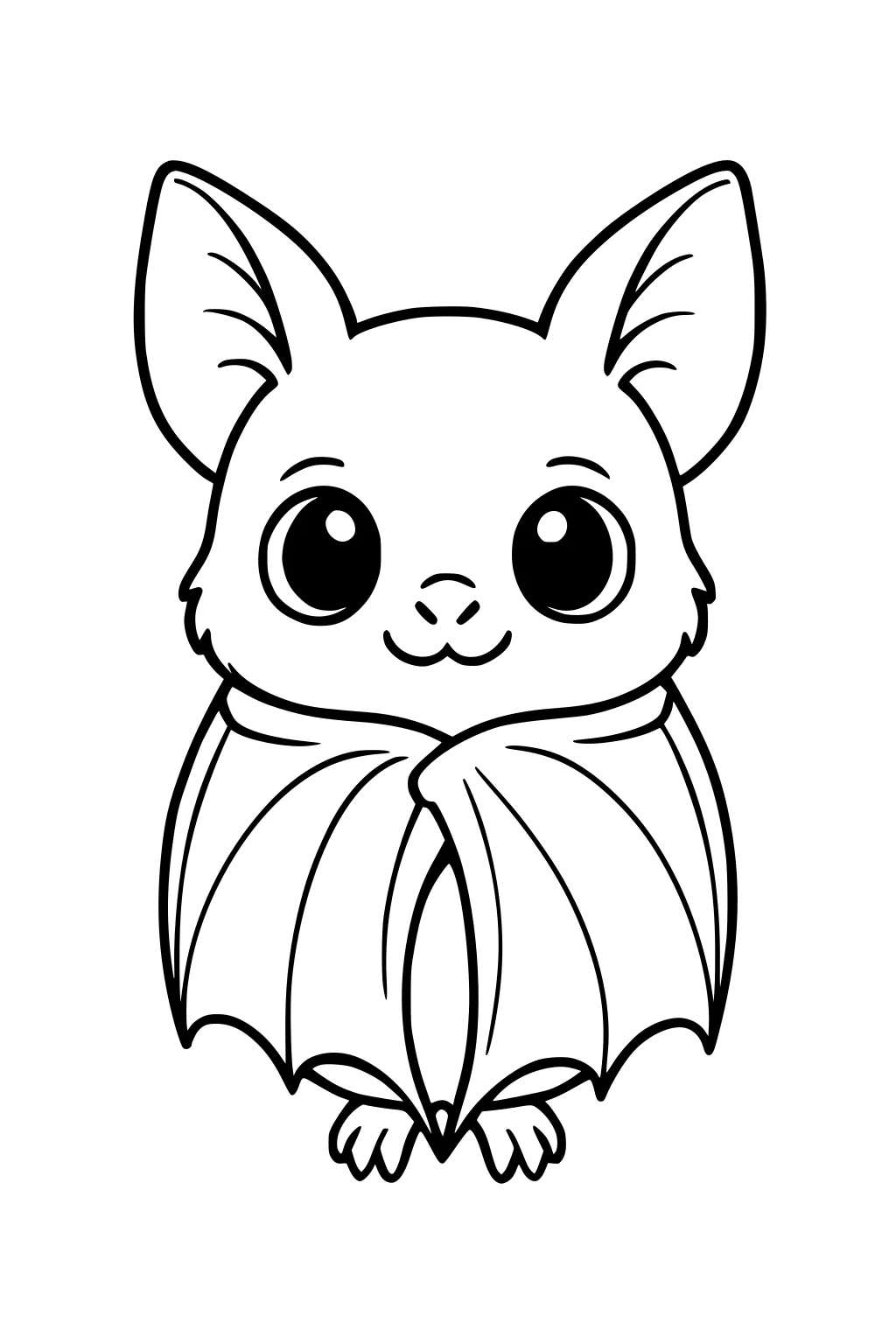 Smiling bat with big eyes, folded wings, large ears, and tiny feet, drawn in cartoon style with simple black outlines.